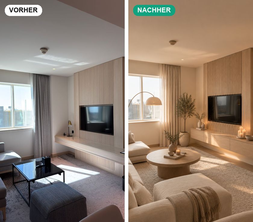 Vorher/Nachher: ein Wohnzimmer, von KI neu gestaltet im Stil Warm Minimal