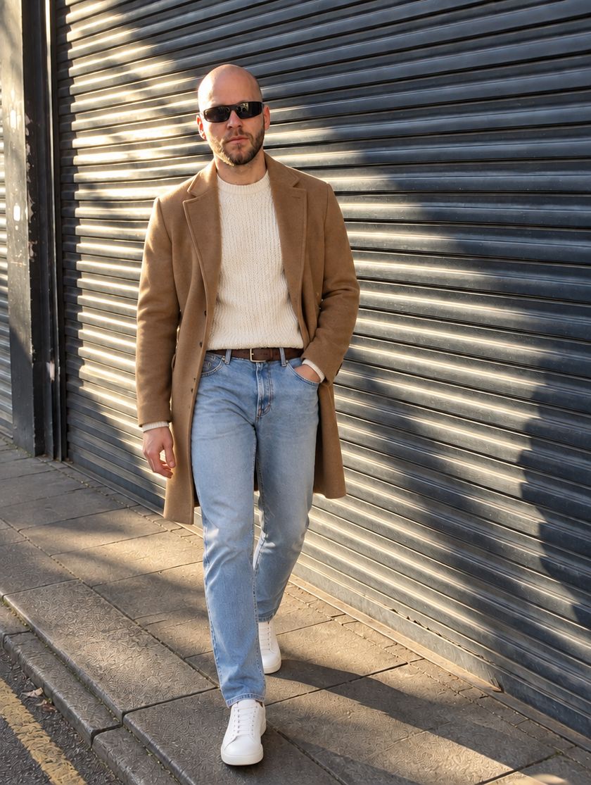 Ein Mann im Outfit aus dem Reel: Kamelmantel, Strickpullover, helle Jeans, weiße Sneaker